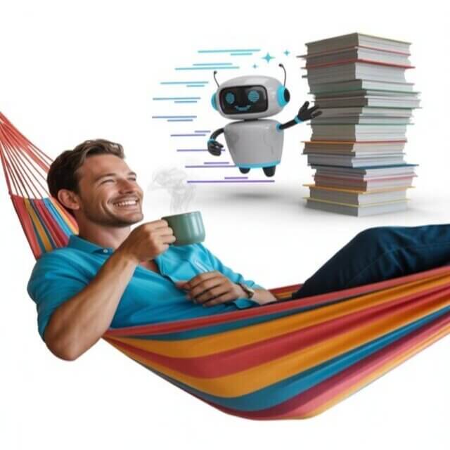 Profesional relajado mientras un robot asiste en tareas; aprovechar la IA para delegar.