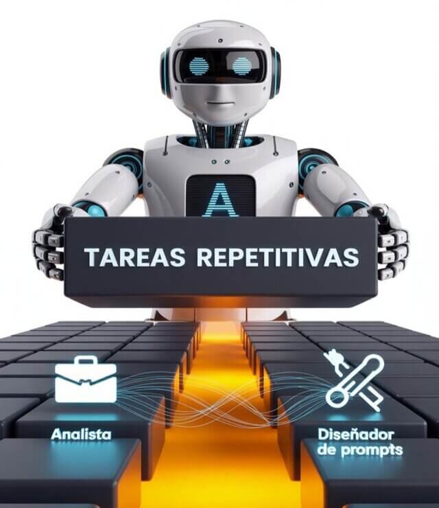 Robot que automatiza tareas repetitivas para crear nuevos roles en la transformación del empleo.