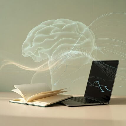 ilustración minimalista de un libro y una computadora portátil con un cerebro holográfico simbolizando el uso cotidiano de la inteligencia artificial