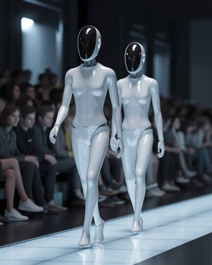 dos robots humanoides caminando en una pasarela futurista frente a un público desenfocado