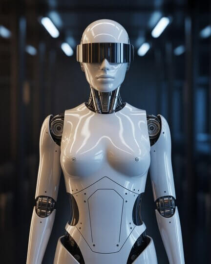 robot humanoide femenino con diseño mecánico detallado en un entorno tecnológico
