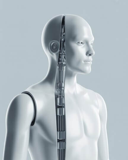 vista lateral de un robot humanoide con corte que muestra la columna biónica interna