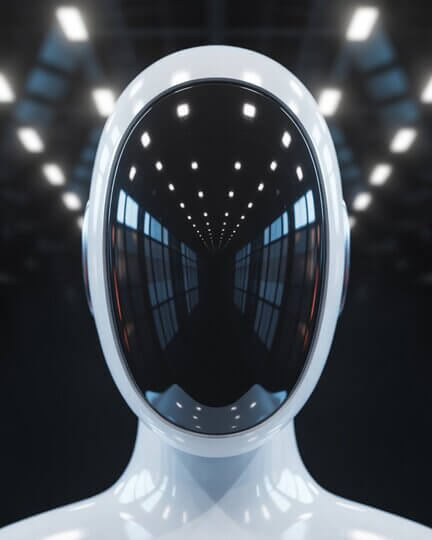 primer plano de la cabeza de un robot humanoide con visor negro brillante en un entorno futurista