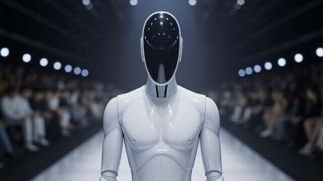 robot humanoide blanco con visor negro caminando por una pasarela futurista frente a un público desenfocado