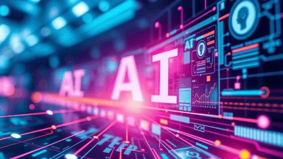 ilustración futurista de inteligencia artificial con la sigla AI sobre circuitos y paneles digitales