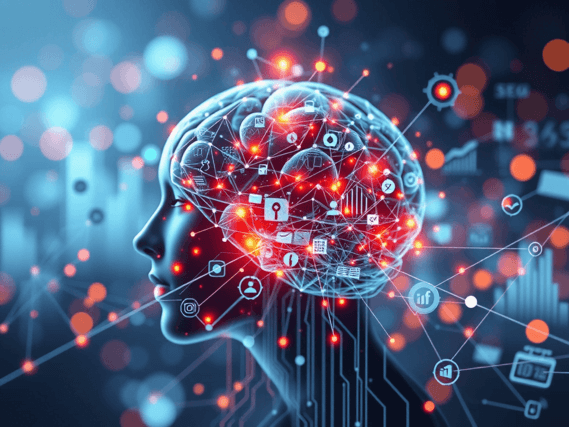 cabeza humana con cerebro digital conectado a múltiples iconos que simbolizan aplicaciones de inteligencia artificial