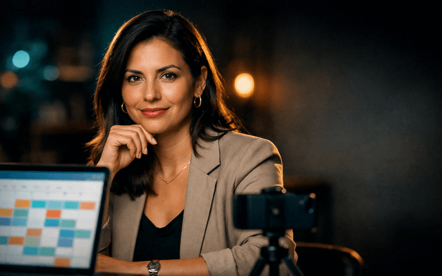 “Emprendedora frente a cámara en un escritorio con laptop y teléfono en trípode, preparando un sistema de contenido con inteligencia artificial.”