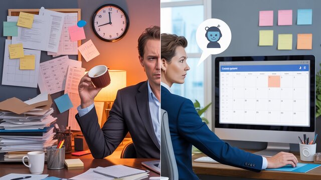 Comparación visual de un emprendedor estresado con papeles desordenados y el mismo emprendedor con un calendario semanal organizado gracias a la inteligencia artificial.