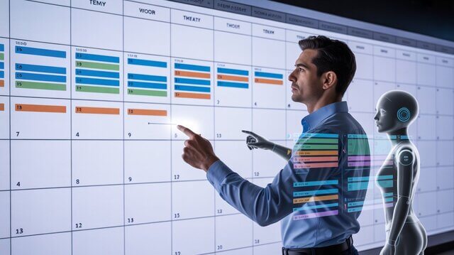 Plantilla de planificación semanal con columnas para objetivos, tareas críticas, bloques de trabajo profundo y automatizaciones, lista para completar con ayuda de IA.