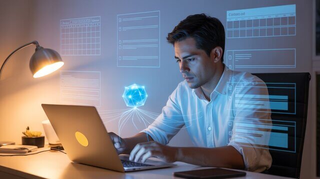 Emprendedor digital planificando su semana de trabajo con ayuda de inteligencia artificial en una laptop, con calendarios y tareas flotando como hologramas.