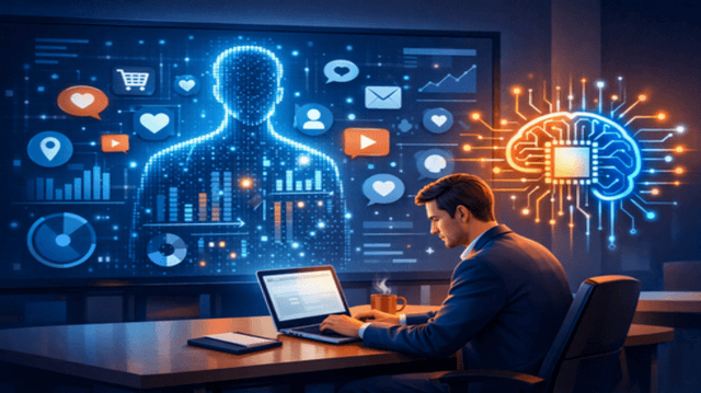 Emprendedor trabajando con una laptop frente a una pantalla con la silueta de un cliente formada por datos y gráficos, conectada a un icono de inteligencia artificial.