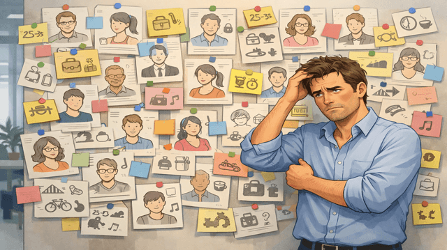 Persona confundida frente a una pared llena de notas y perfiles genéricos de cliente ideal, simbolizando mucha información pero poca claridad.