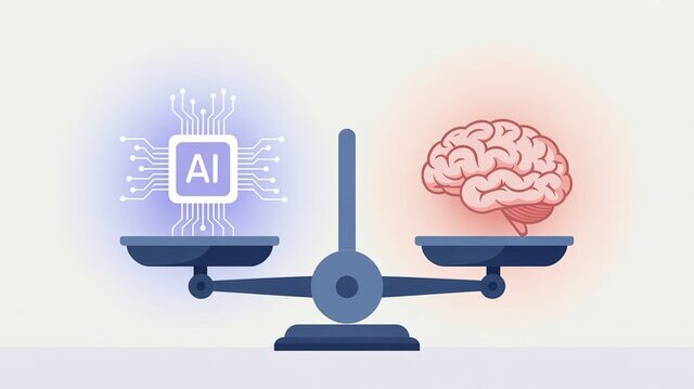 Ilustración de una balanza con un cerebro humano en un lado y un chip de inteligencia artificial en el otro, representando equilibrio entre tecnología y criterio humano.  