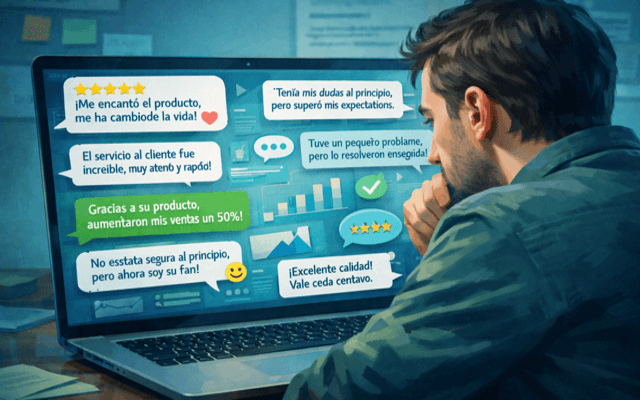 Emprendedor analizando reseñas y mensajes de clientes en una laptop, con gráficos sencillos que muestran patrones de comportamiento.