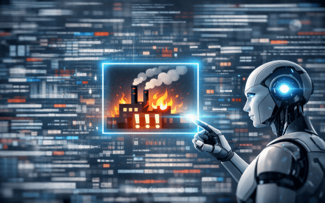 Pantalla con muchos datos desordenados en el fondo y un asistente de IA resaltando un patrón o problema central entre la información.