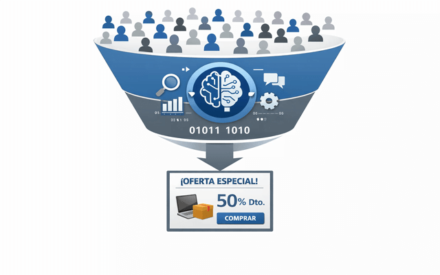 Embudo de marketing donde entran muchos iconos de personas, pasa por un módulo de inteligencia artificial y sale una única tarjeta con una oferta enfocada.  
