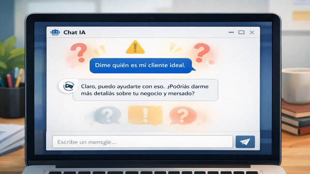 Pantalla de computadora con una ventana de chat de IA y un prompt genérico sobre cliente ideal rodeado de signos de interrogación, indicando un uso incorrecto de la herramienta.