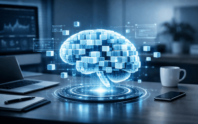 Representación holográfica de un cerebro humano compuesto por cubos digitales azules flotando sobre un escritorio tecnológico con una laptop y un smartphone.