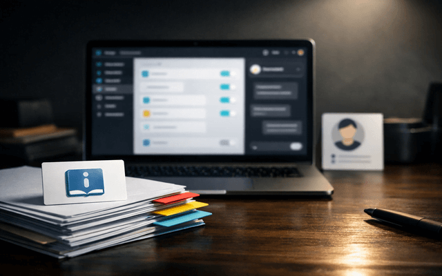 Laptop con constructor no‑code y un widget de chat de asistente, junto a documentos tipo PDFs/FAQs y una tarjeta de base de conocimiento.”