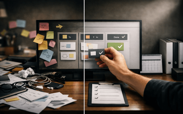Primer plano de una mano interactuando con una pantalla digital que muestra una lista de verificación con iconos de verificación verdes, representando el control de calidad humano sobre procesos automatizados.