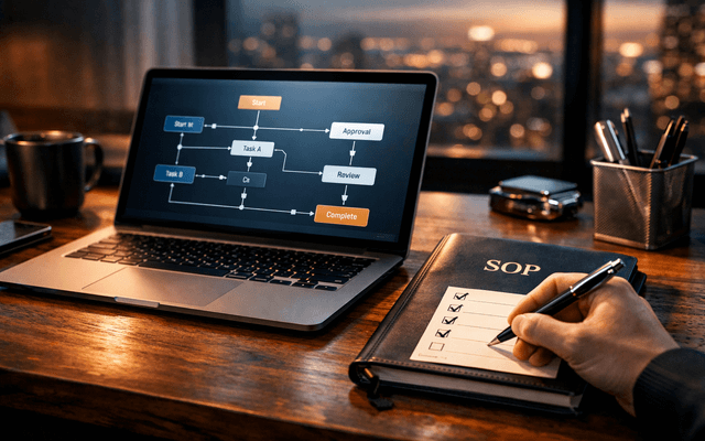 Escritorio profesional con una laptop que muestra un diagrama de flujo de procesos y una mano humana completando una lista de verificación física sobre una libreta con las siglas SOP.