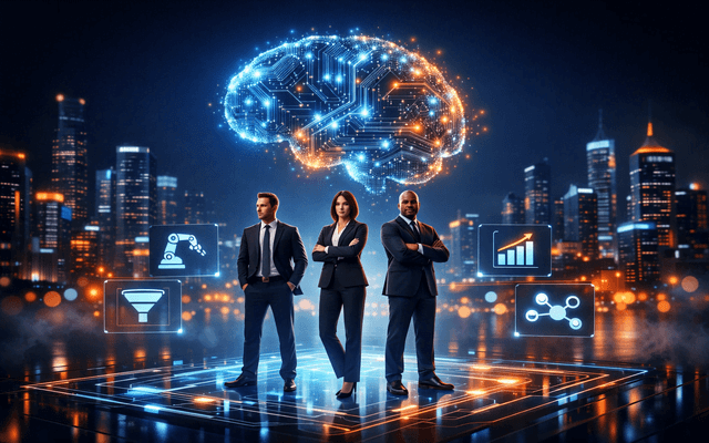Tres profesionales de negocios en trajes elegantes liderando una plataforma digital futurista en una ciudad de noche. Sobre ellos, un cerebro digital iluminado simboliza la Inteligencia Artificial. A los lados, iconos flotantes de un embudo de ventas (funnel), un brazo robótico de automatización y un esquema de procesos conectados, representando la escala de un negocio digital.