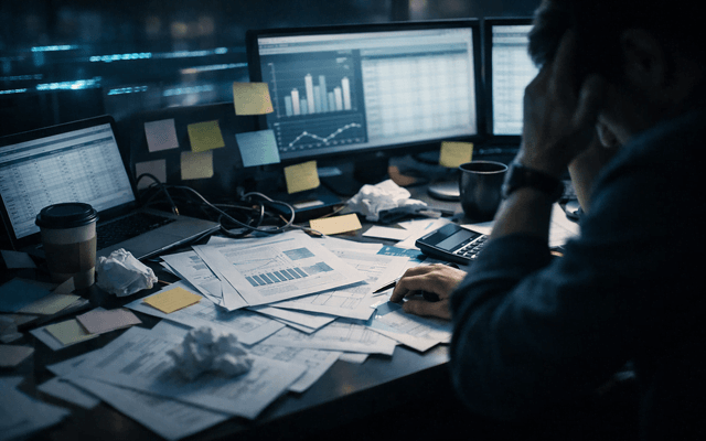 Escritorio desordenado con papeles y post‑its; persona estresada frente a varios monitores con gráficos.