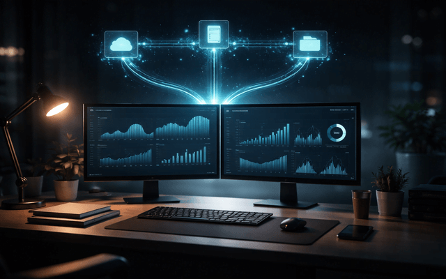 Setup limpio con dos monitores y dashboards; íconos conectados por líneas de datos, ambiente nocturno de oficina.