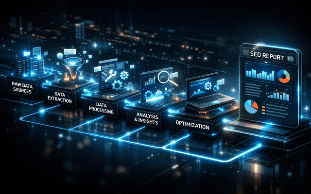 Diagrama tipo “pipeline” de automatización: fuentes de datos → extracción → procesamiento → insights → optimización → reporte SEO.