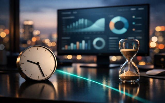 Reloj y reloj de arena sobre escritorio con reflejos; al fondo un monitor con dashboard, ciudad desenfocada al atardecer.