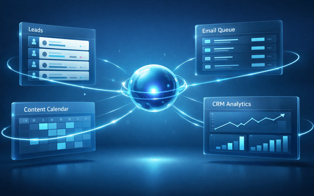 Paneles digitales conectados por un núcleo de IA, mostrando automatización de leads, emails y métricas en negocio digital.