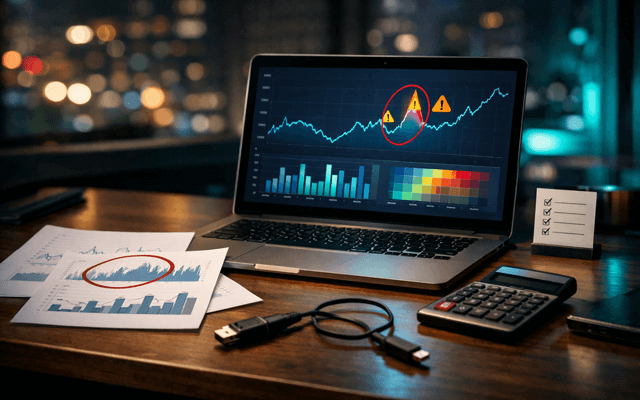 Laptop con gráfico y alertas marcadas; reportes impresos con anotaciones, cables USB, calculadora y checklist en escritorio.