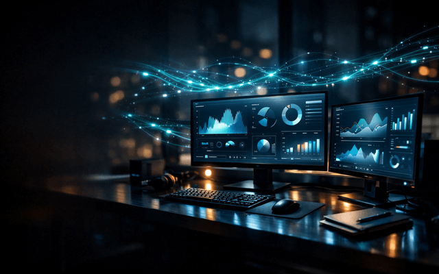 Automatización de reportes SEO con IA: escritorio moderno con dos monitores mostrando dashboards y flujo de datos azul en un entorno nocturno.
