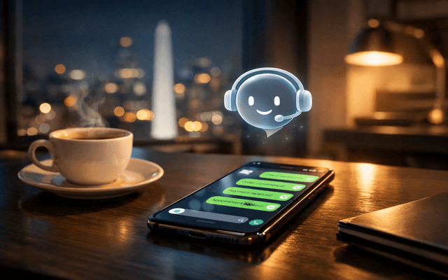 “Smartphone con chat de ventas junto a una taza de café en un ambiente nocturno, simbolizando un bot de WhatsApp 24/7.”