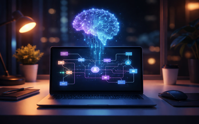 Escritorio moderno con laptop y holograma de “cerebro” de IA sobre un diagrama de automatización.