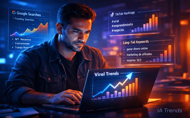 Emprendedor digital analizando tendencias virales y palabras clave en su laptop. La imagen muestra pantallas flotantes con gráficos de "Google Searches", hashtags de TikTok como #negocios y #emprendimiento, y una lista de "Long-Tail Keywords" relacionadas con marketing de afiliados y SEO, representando el uso de la IA para filtrar contenidos con intención real.