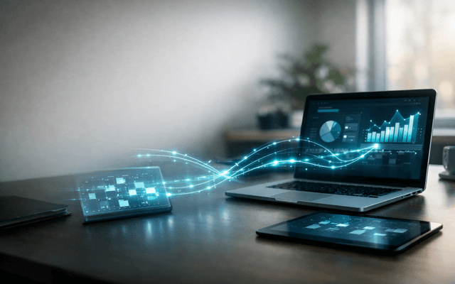 Escritorio moderno de emprendedor digital con laptop y tablet, con flujos de datos y un calendario semanal abstracto que simbolizan la planificación con IA.