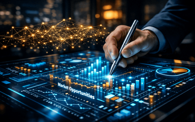 "Primer plano de mano profesional usando stylus plateado sobre una mesa interactiva con gráficos de datos neón cian y dorado, analizando oportunidades de mercado con IA.