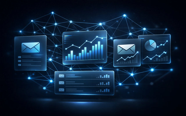 Pantallas holográficas interconectadas con gráficos de análisis de datos y un sobre.