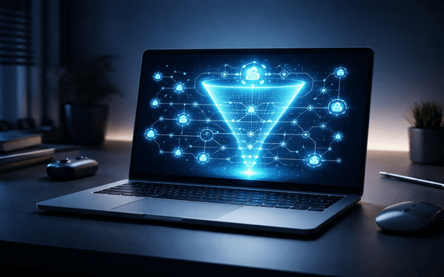 Laptop en oficina oscura con una interfaz de embudo de ventas y perfil de inteligencia artificial en pantalla.