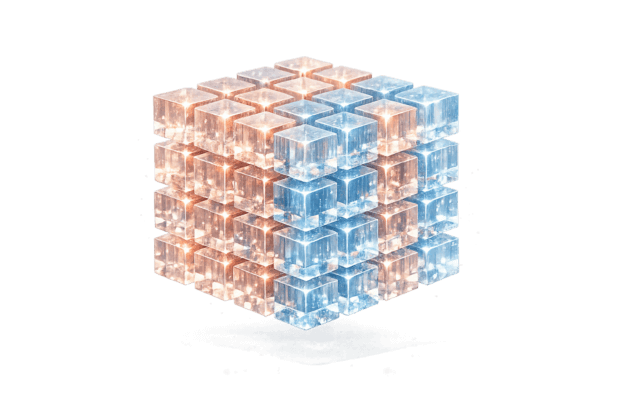 Representación abstracta de una estructura de datos en forma de cubo flotante, compuesto por bloques de cristal traslúcido con iluminación interna en tonos cobre y azul sobre fondo oscuro.