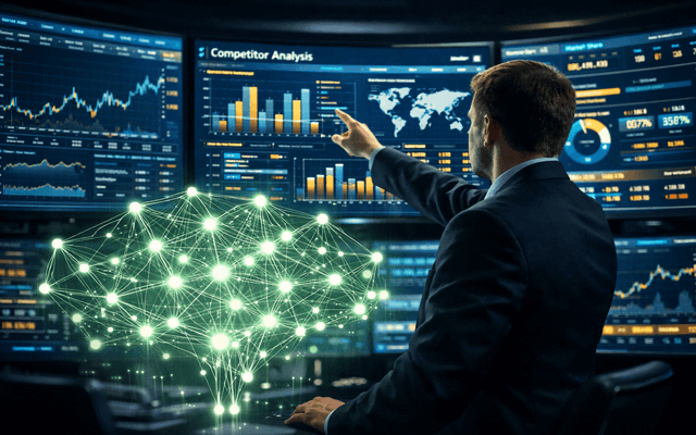 Analista de negocios en oficina moderna y oscura, señalando una gran pantalla curva con cuadros de mando financieros vibrantes en cian y oro, visualizando estrategia competitiva.