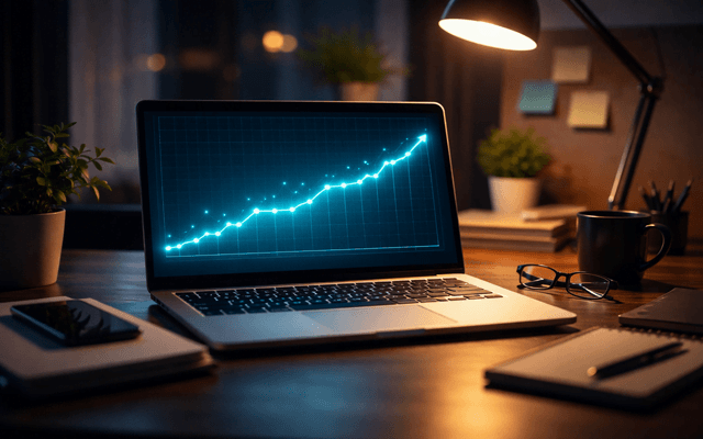 Primer plano de laptop abierta mostrando gráficos de análisis de datos, junto a taza humeante y cuaderno en escritorio de madera.