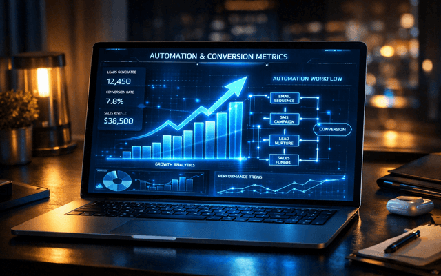 Pantalla de laptop encendida mostrando un panel de control financiero detallado con gráficos de barras ascendentes y diagramas de flujo de datos en neón azul sobre un escritorio de noche.