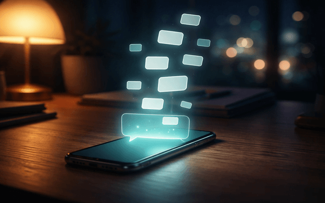 Teléfono sobre escritorio con paneles luminosos flotando, concepto de ideas generadas con IA