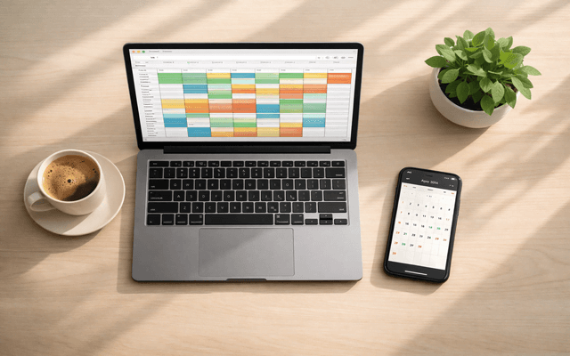 Vista aérea de escritorio de madera con laptop mostrando una hoja de cálculo colorida, smartphone con calendario, taza de café y planta pequeña, luz natural suave.