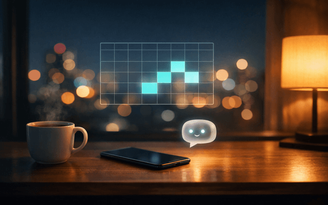 Interfaz de cuadrícula de luz con bloques brillantes formando una tendencia ascendente, junto a un smartphone y una taza de café en un ambiente profesional acogedor.