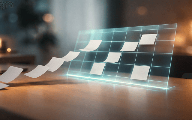 Holograma de rejilla editorial sobre escritorio de madera, con papeles blancos flotando y organizándose en celdas de luz, estilo futurista sobrio y elegante.