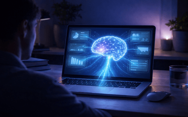 Primer plano de laptop con cerebro digital holográfico luminoso integrado en escritorio nocturno.