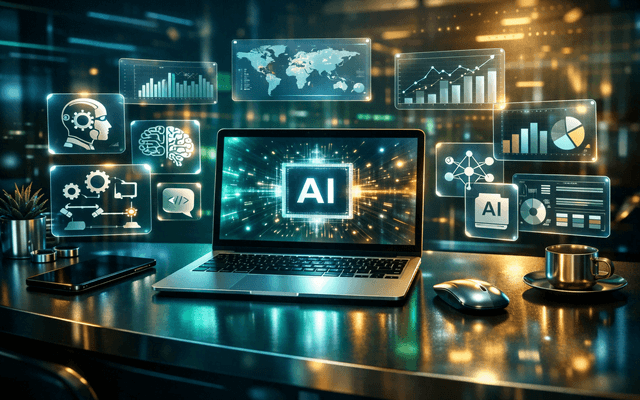 Laptop en un entorno de oficina ciberpunk rodeada de múltiples pantallas virtuales flotantes que muestran análisis de datos, con el logo "AI" destacado en la pantalla principal.